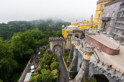 Enchanted castle in misty forest oasis with panoramic views for visitors.