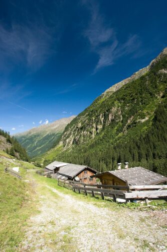 Tranquil mountain meadow scenery with rustic buildings, lush greenery, and towering peaks.