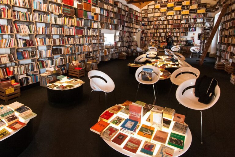 Modern bookstore with cozy seating, vibrant books, and inviting atmosphere for reading and conversation.