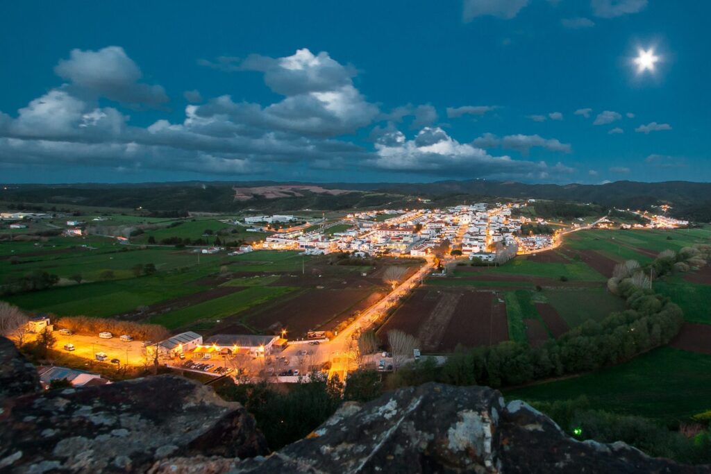 Peaceful village under moonlight in rural landscape with fields, hills, and streetlights.