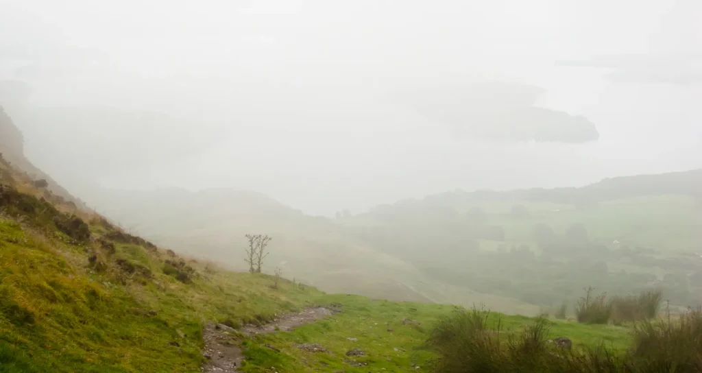 Tranquil misty highland path through lush green hills, leading to serene foggy valley.